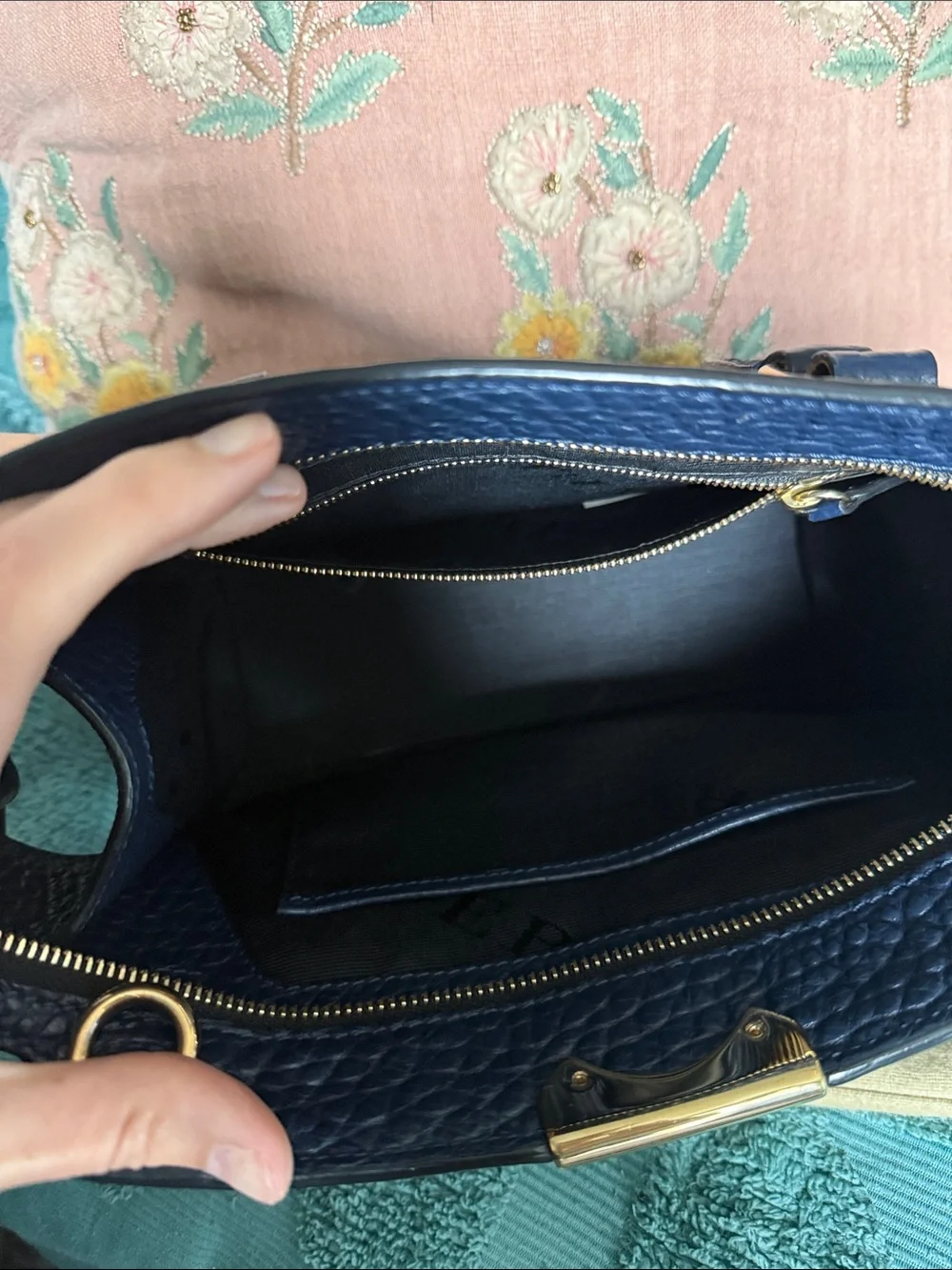 Burberry Navy Textured Leather Mini Satchel with Gold Hardware